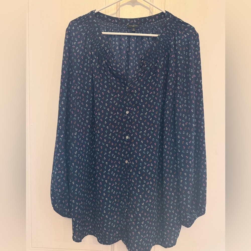 Talbots Navy Anchor Nautical Novelty All Over Print Popover Blouse Size 2X